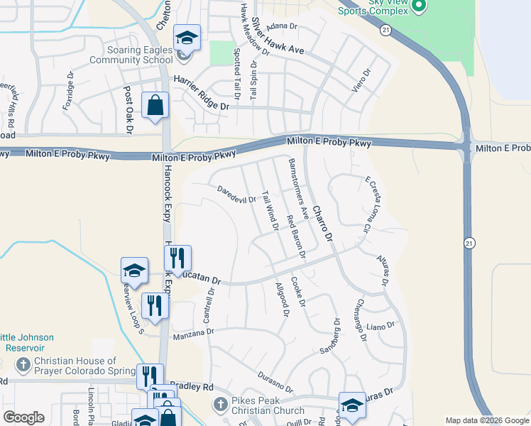 map of restaurants, bars, coffee shops, grocery stores, and more near 3640 Tail Wind Drive in Colorado Springs