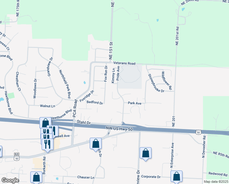 map of restaurants, bars, coffee shops, grocery stores, and more near 1113b Sandra Drive in Warrensburg
