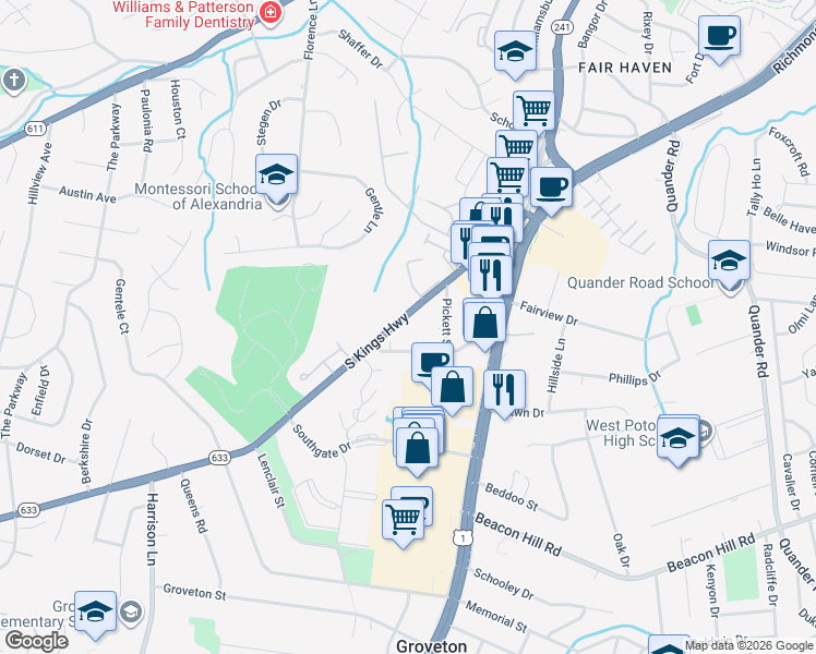 map of restaurants, bars, coffee shops, grocery stores, and more near 6425 South Kings Highway in Alexandria