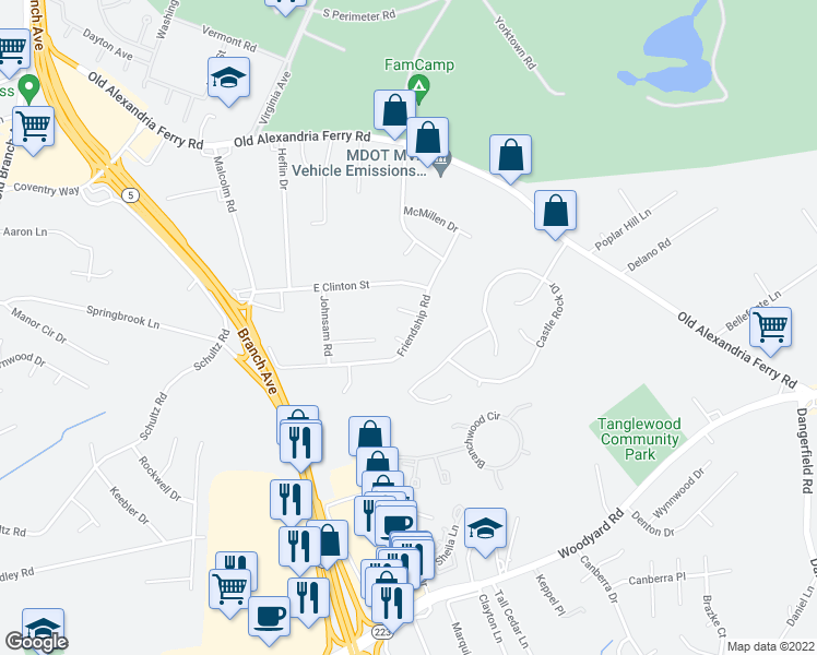 map of restaurants, bars, coffee shops, grocery stores, and more near 7204 Friendship Road in Clinton