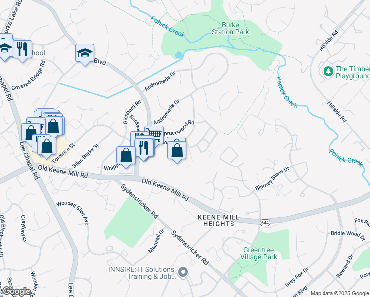map of restaurants, bars, coffee shops, grocery stores, and more near 9206 Hickory Tree Court in Burke
