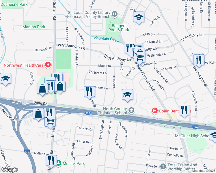 map of restaurants, bars, coffee shops, grocery stores, and more near 1240 Saint Bernadette Lane in Florissant