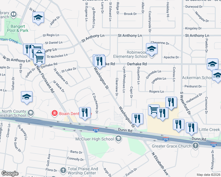 map of restaurants, bars, coffee shops, grocery stores, and more near 2085 Washington Street in Florissant