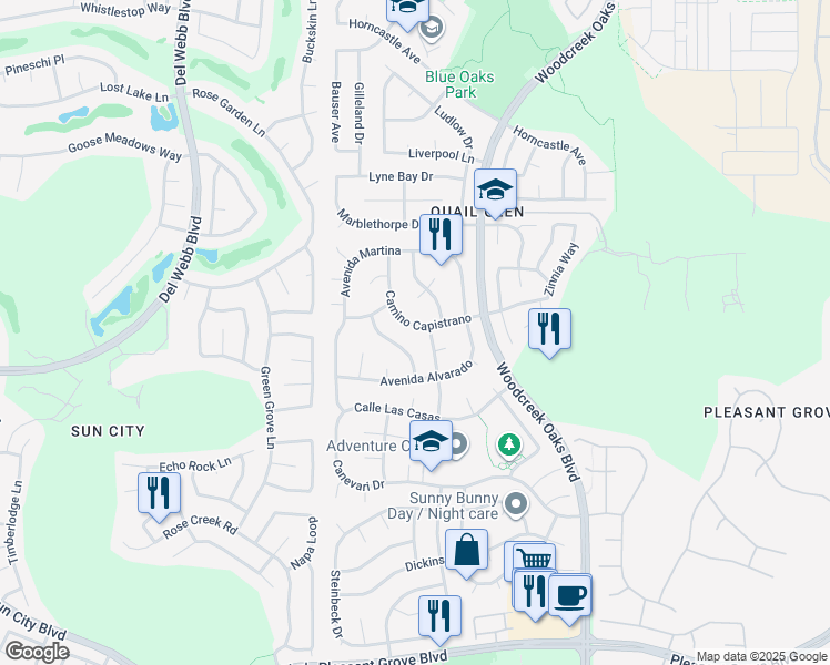 map of restaurants, bars, coffee shops, grocery stores, and more near 1215 Camino Capistrano in Roseville