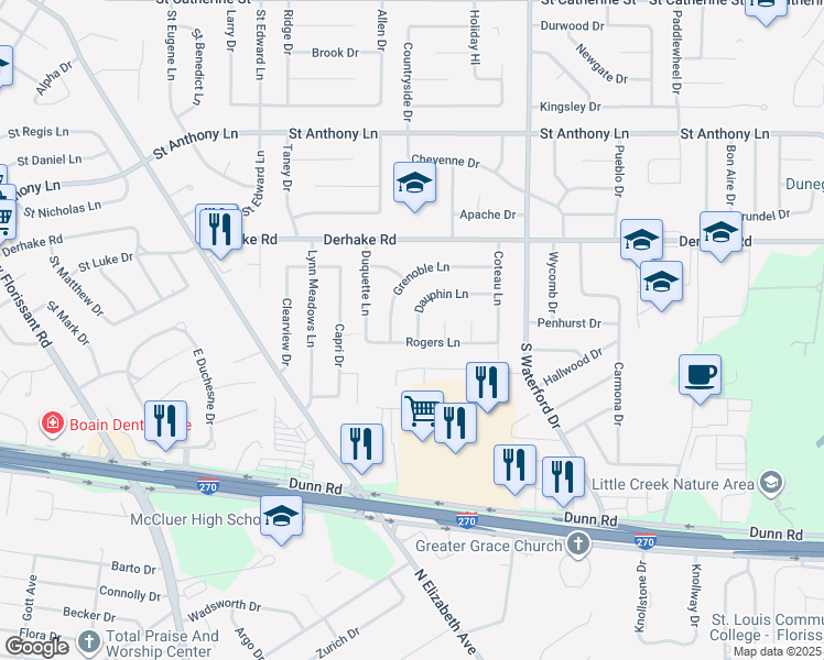 map of restaurants, bars, coffee shops, grocery stores, and more near 115 Dauphin Lane in Florissant