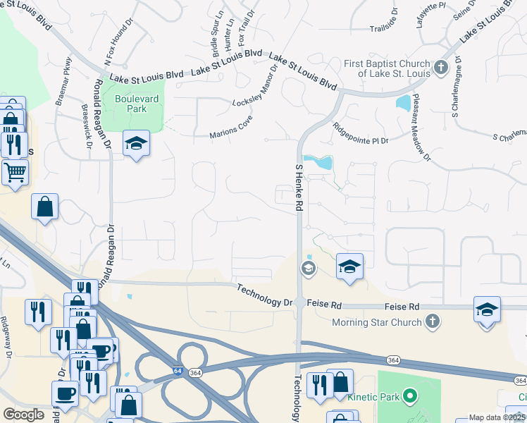 map of restaurants, bars, coffee shops, grocery stores, and more near 827 Honeywood Drive in Lake Saint Louis