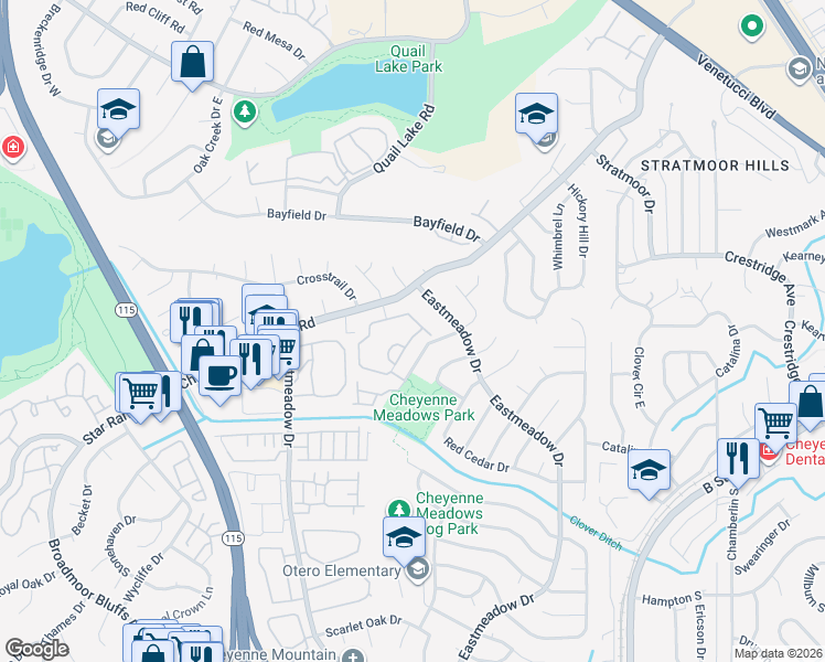 map of restaurants, bars, coffee shops, grocery stores, and more near 3835 Strawberry Field Grove in Colorado Springs