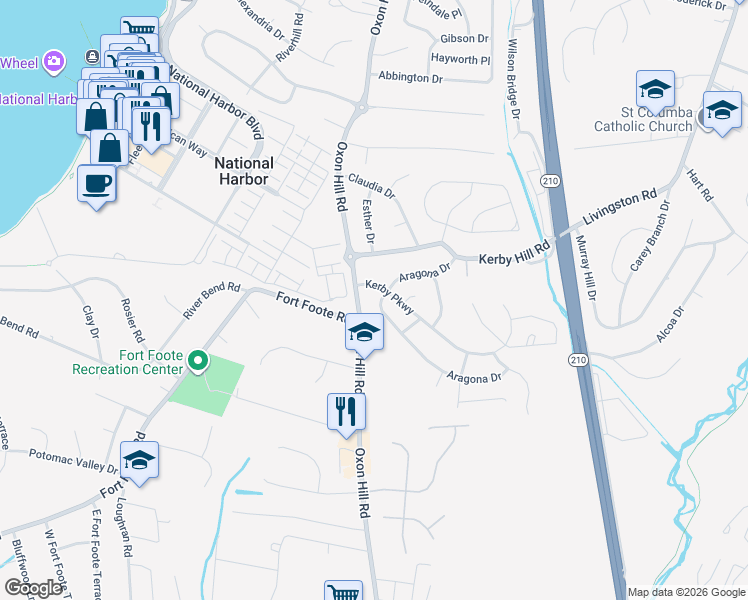 map of restaurants, bars, coffee shops, grocery stores, and more near 203 Aragona Drive in Fort Washington