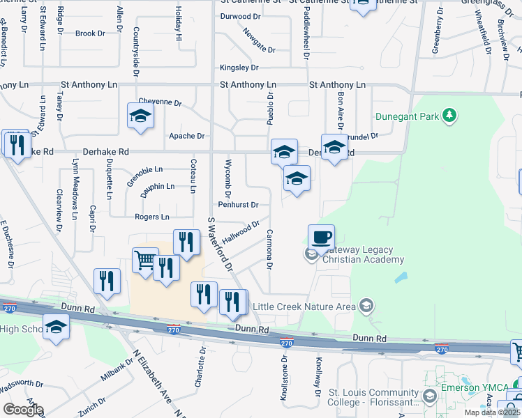 map of restaurants, bars, coffee shops, grocery stores, and more near 1170 Penhurst Drive in Florissant