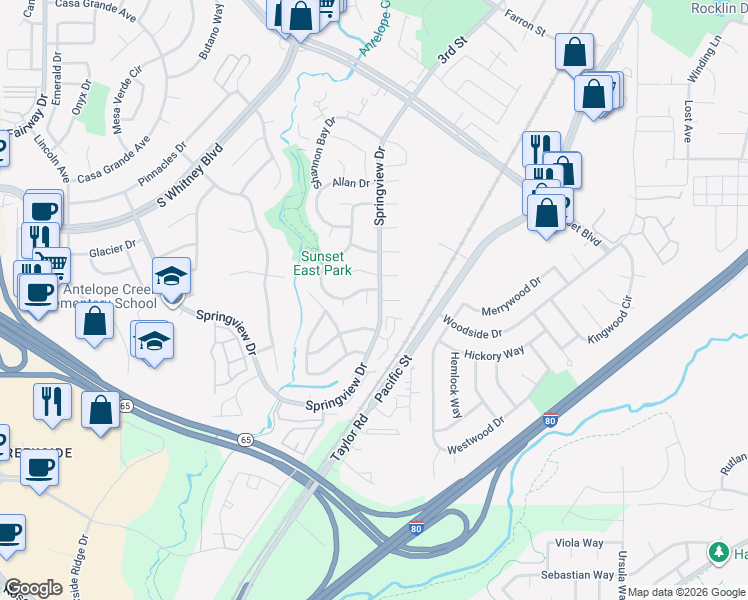 map of restaurants, bars, coffee shops, grocery stores, and more near 5703 Sunflower Court in Rocklin