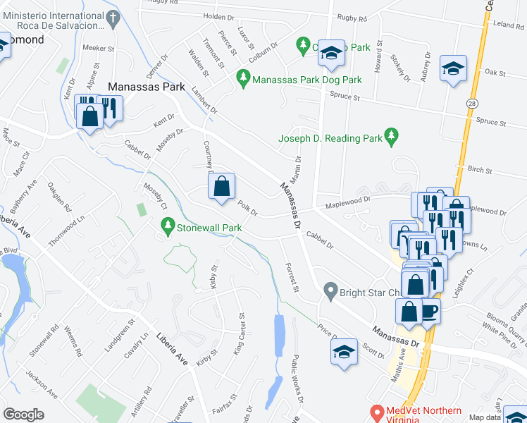 map of restaurants, bars, coffee shops, grocery stores, and more near 126 Polk Drive in Manassas Park