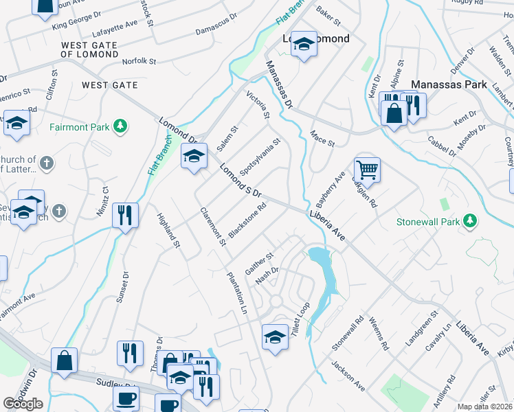 map of restaurants, bars, coffee shops, grocery stores, and more near 9402 Blackstone Road in Manassas