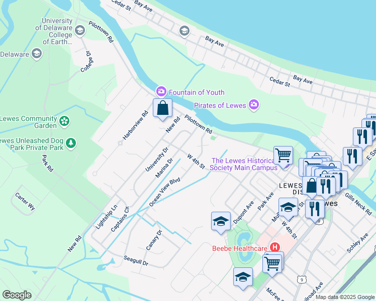map of restaurants, bars, coffee shops, grocery stores, and more near 705 West 4th Street in Lewes