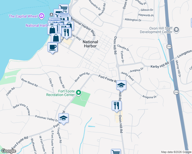 map of restaurants, bars, coffee shops, grocery stores, and more near 8012 Fort Foote Road in Fort Washington