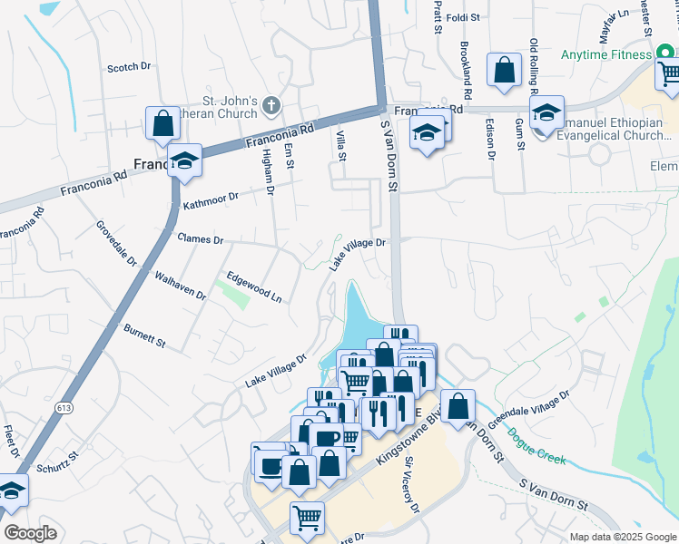 map of restaurants, bars, coffee shops, grocery stores, and more near 6501 Grange Lane in Alexandria