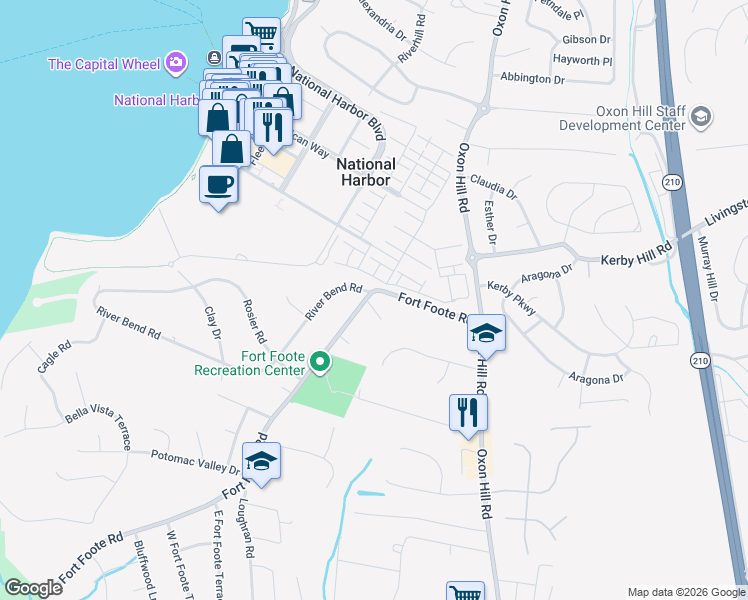 map of restaurants, bars, coffee shops, grocery stores, and more near 8014 Fort Foote Road in Fort Washington