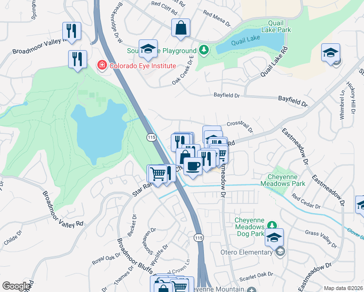 map of restaurants, bars, coffee shops, grocery stores, and more near 803 San Bruno Place in Colorado Springs