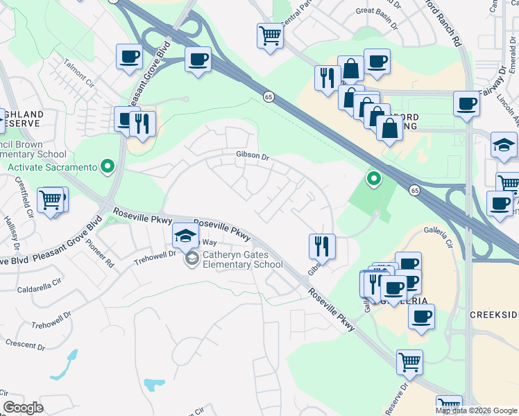 map of restaurants, bars, coffee shops, grocery stores, and more near 501 Gibson Drive in Roseville