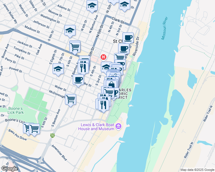 map of restaurants, bars, coffee shops, grocery stores, and more near 507 South 2nd Street in Saint Charles