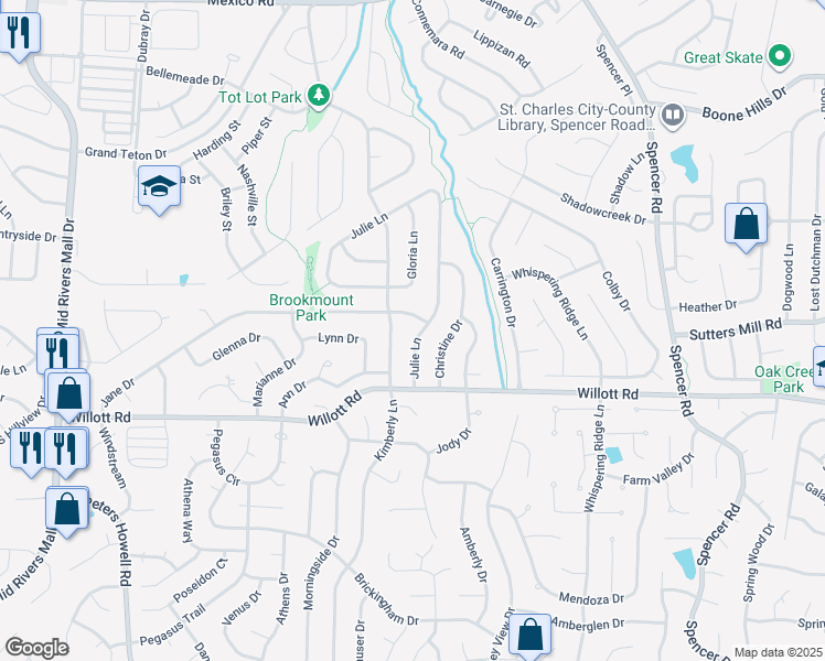 map of restaurants, bars, coffee shops, grocery stores, and more near 107 Kimberly Lane in St. Peters