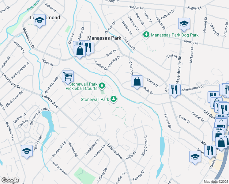 map of restaurants, bars, coffee shops, grocery stores, and more near 9430 Russia Branch View Drive in Manassas Park