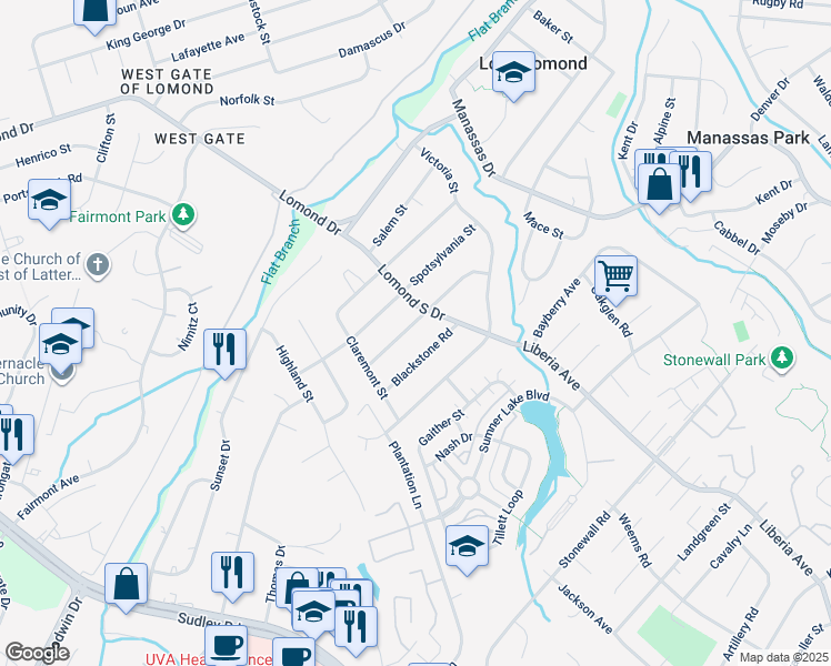map of restaurants, bars, coffee shops, grocery stores, and more near 9505 Chatham Street in Manassas