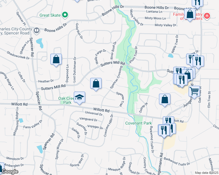 map of restaurants, bars, coffee shops, grocery stores, and more near 81 Spencer Trail in St. Peters