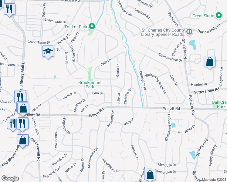 map of restaurants, bars, coffee shops, grocery stores, and more near 107 Kimberly Lane in St. Peters