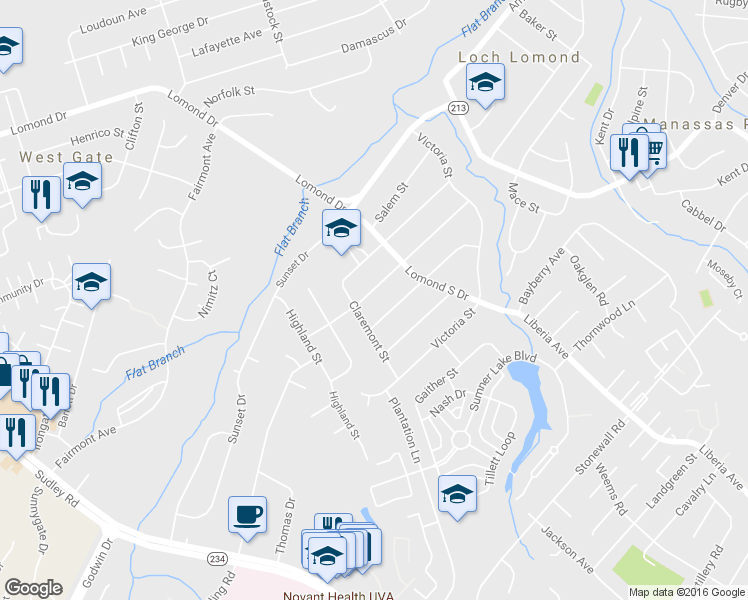 map of restaurants, bars, coffee shops, grocery stores, and more near 9513 Spotsylvania Street in Manassas