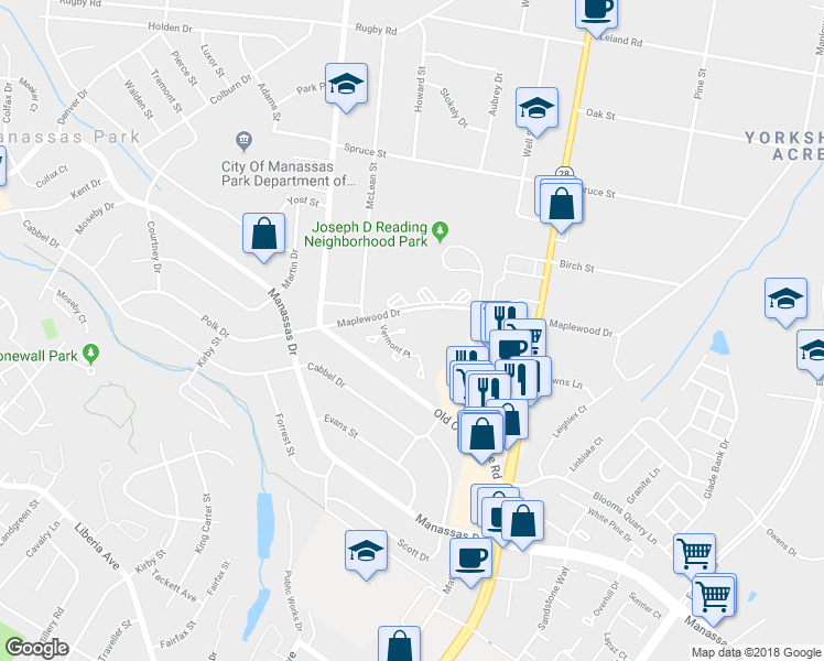 map of restaurants, bars, coffee shops, grocery stores, and more near 8554 Cabot Court in Manassas