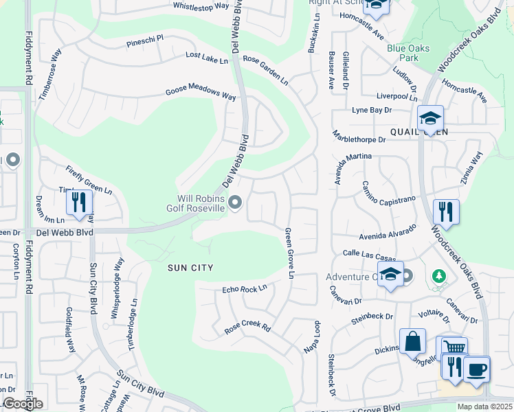 map of restaurants, bars, coffee shops, grocery stores, and more near 317 Savannah Court in Roseville