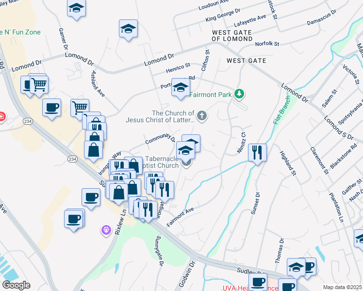 map of restaurants, bars, coffee shops, grocery stores, and more near 8137 Community Drive in Manassas