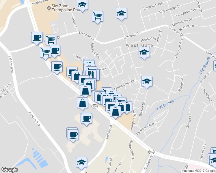 map of restaurants, bars, coffee shops, grocery stores, and more near 10234 Winchester Court in Manassas