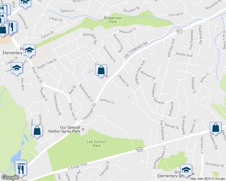 map of restaurants, bars, coffee shops, grocery stores, and more near 6409 Telegraph Rd in Alexandria