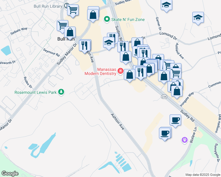 map of restaurants, bars, coffee shops, grocery stores, and more near 10618E Provincial Drive in Manassas