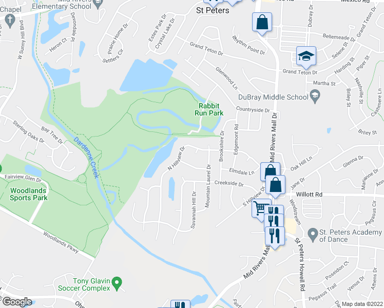 map of restaurants, bars, coffee shops, grocery stores, and more near 3 Charleston Court in St. Peters