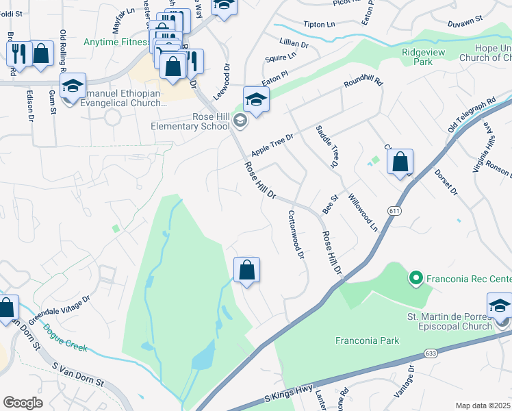map of restaurants, bars, coffee shops, grocery stores, and more near 6502 Wayside Place in Alexandria