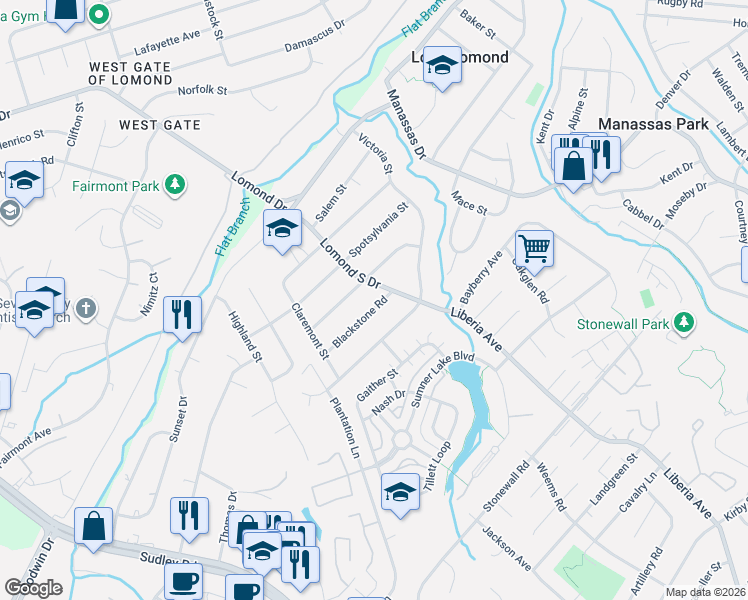 map of restaurants, bars, coffee shops, grocery stores, and more near 9402 Blackstone Road in Manassas