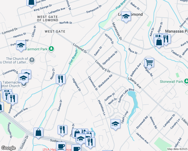 map of restaurants, bars, coffee shops, grocery stores, and more near 9513 Spotsylvania Street in Manassas