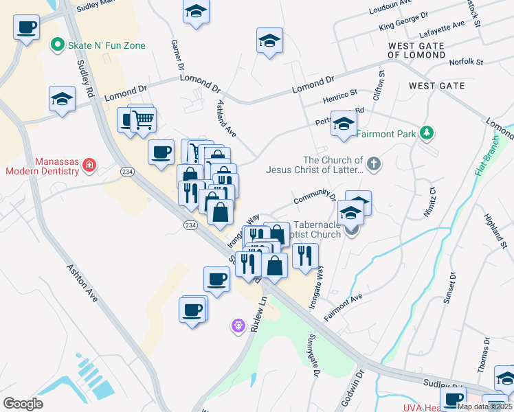 map of restaurants, bars, coffee shops, grocery stores, and more near 10234 Winchester Court in Manassas