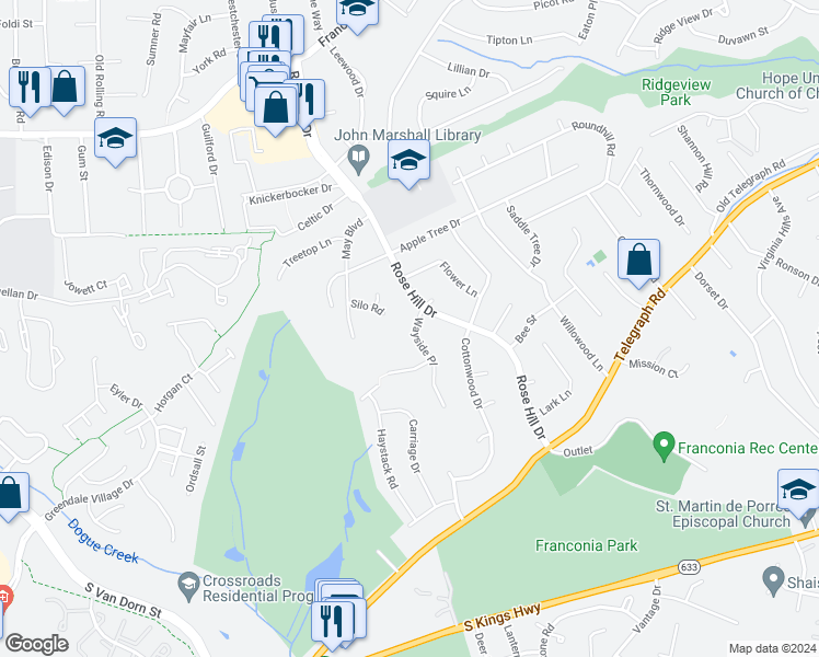 map of restaurants, bars, coffee shops, grocery stores, and more near 6502 Wayside Place in Alexandria