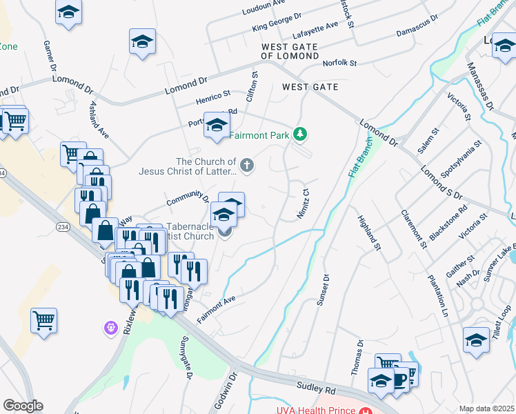 map of restaurants, bars, coffee shops, grocery stores, and more near 9852 Fairmont Avenue in Manassas