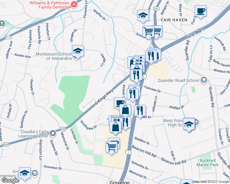 map of restaurants, bars, coffee shops, grocery stores, and more near 6421 South Kings Highway in Alexandria