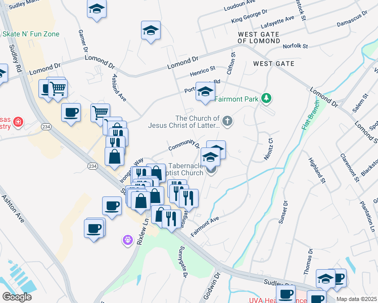 map of restaurants, bars, coffee shops, grocery stores, and more near 8018 Community Drive in Manassas
