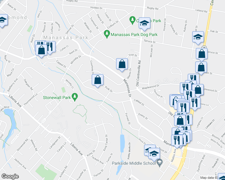 map of restaurants, bars, coffee shops, grocery stores, and more near 130 Polk Drive in Manassas Park