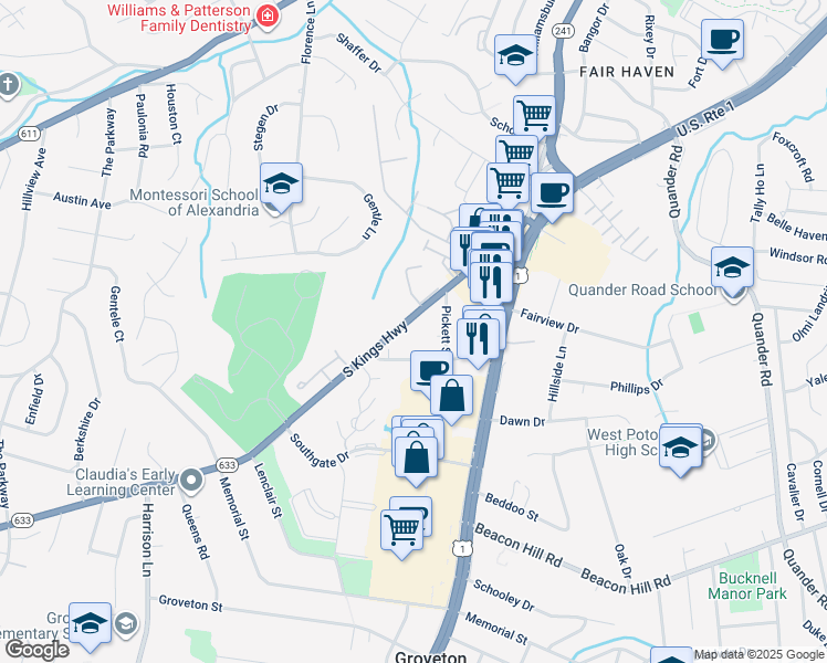 map of restaurants, bars, coffee shops, grocery stores, and more near 6421 South Kings Highway in Alexandria