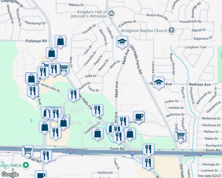 map of restaurants, bars, coffee shops, grocery stores, and more near 11415 Mehl Avenue in Florissant