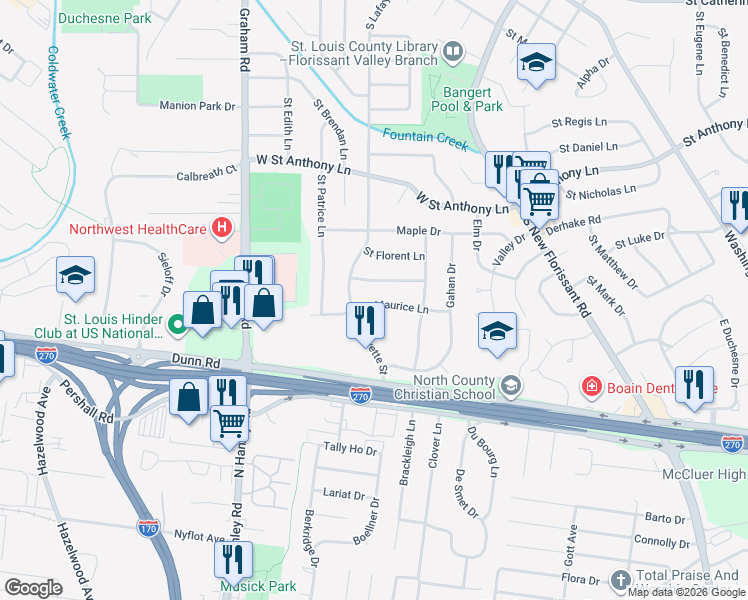 map of restaurants, bars, coffee shops, grocery stores, and more near 115 Saint Maurice Lane in Florissant