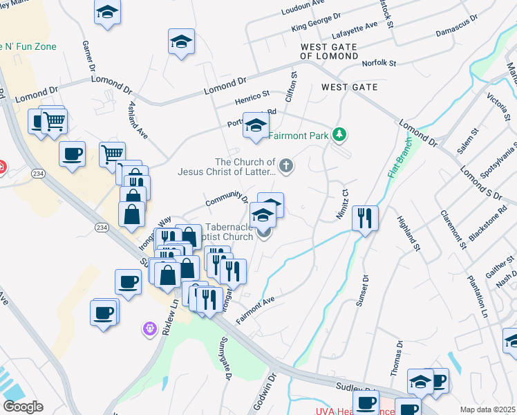map of restaurants, bars, coffee shops, grocery stores, and more near 8137 Community Drive in Manassas