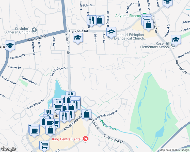 map of restaurants, bars, coffee shops, grocery stores, and more near 6651 Kelsey Point Circle in Alexandria